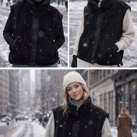 🖤 Free People Black Oversized Sherpa Puffer Vest / Jacket – Size M 🖤 - Picture 2 of 5